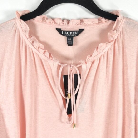 NWT LAUREN RALPH LAUREN BLACK LABEL LINEN Blend Ruffle Neck Top Keyhole Neck LG - Picture 12 of 15